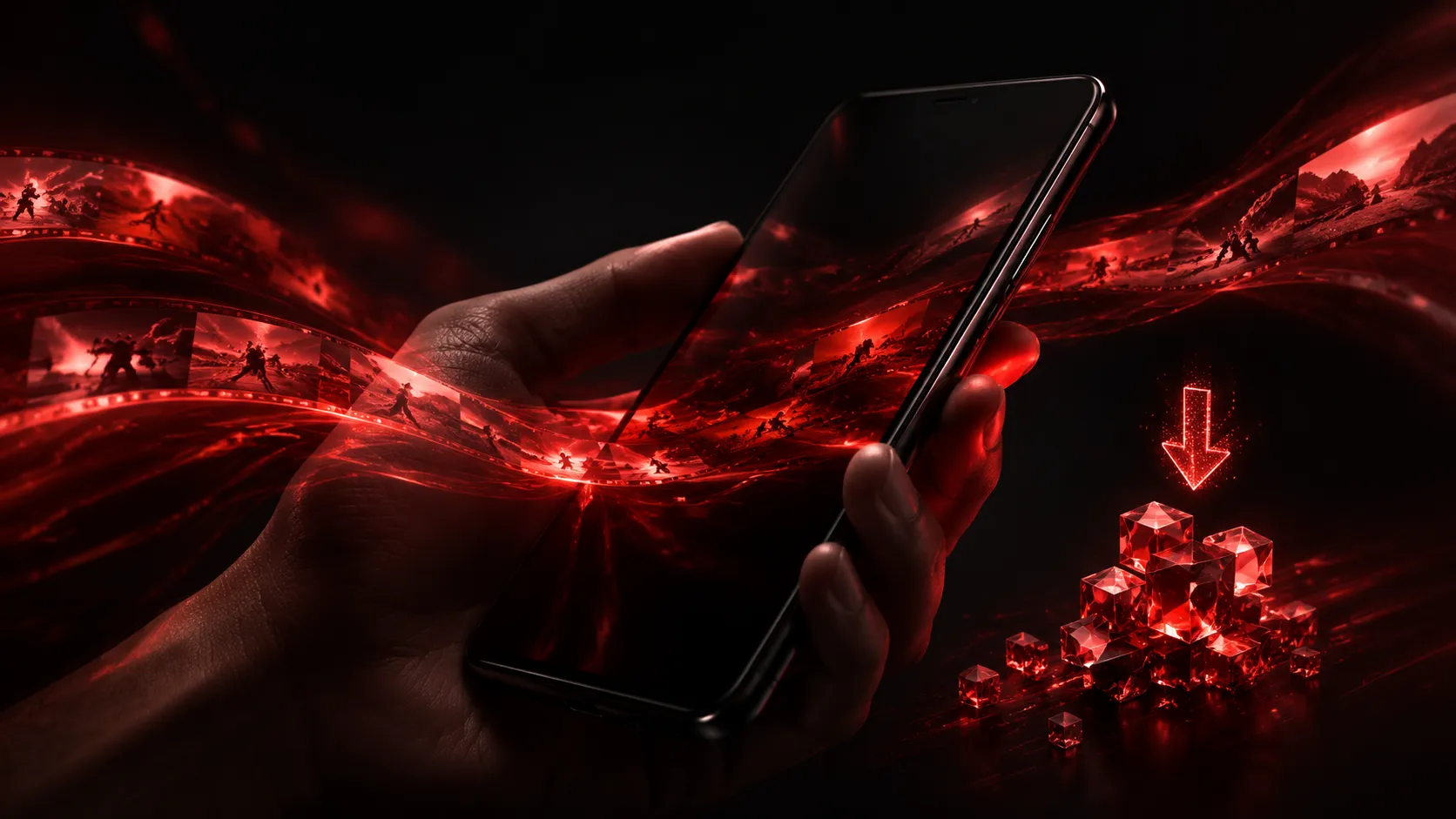 Android mobile video player concept with a hand-held phone, red cinematic media ribbons, and glowing offline download storage.