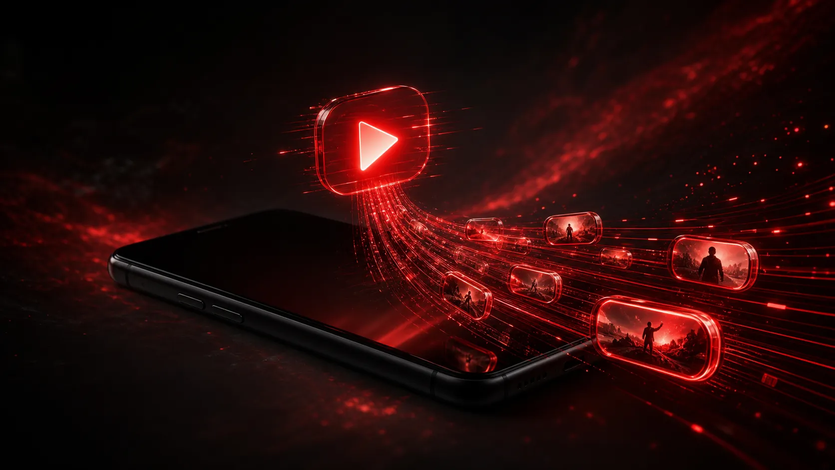 Android video downloader concept with a black phone, red play light, streaming media capsules, and offline download energy trails.