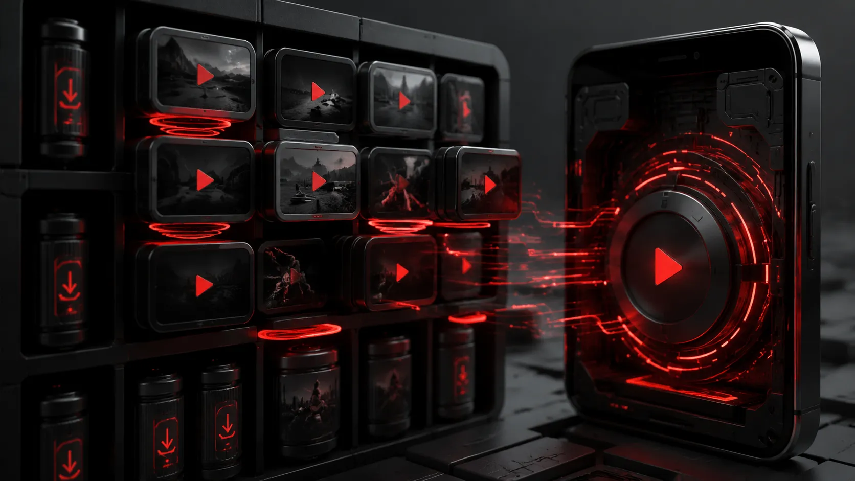 Conceptual offline video library with physical media shelves, red play symbols, download capsules, and Android phone storage core.
